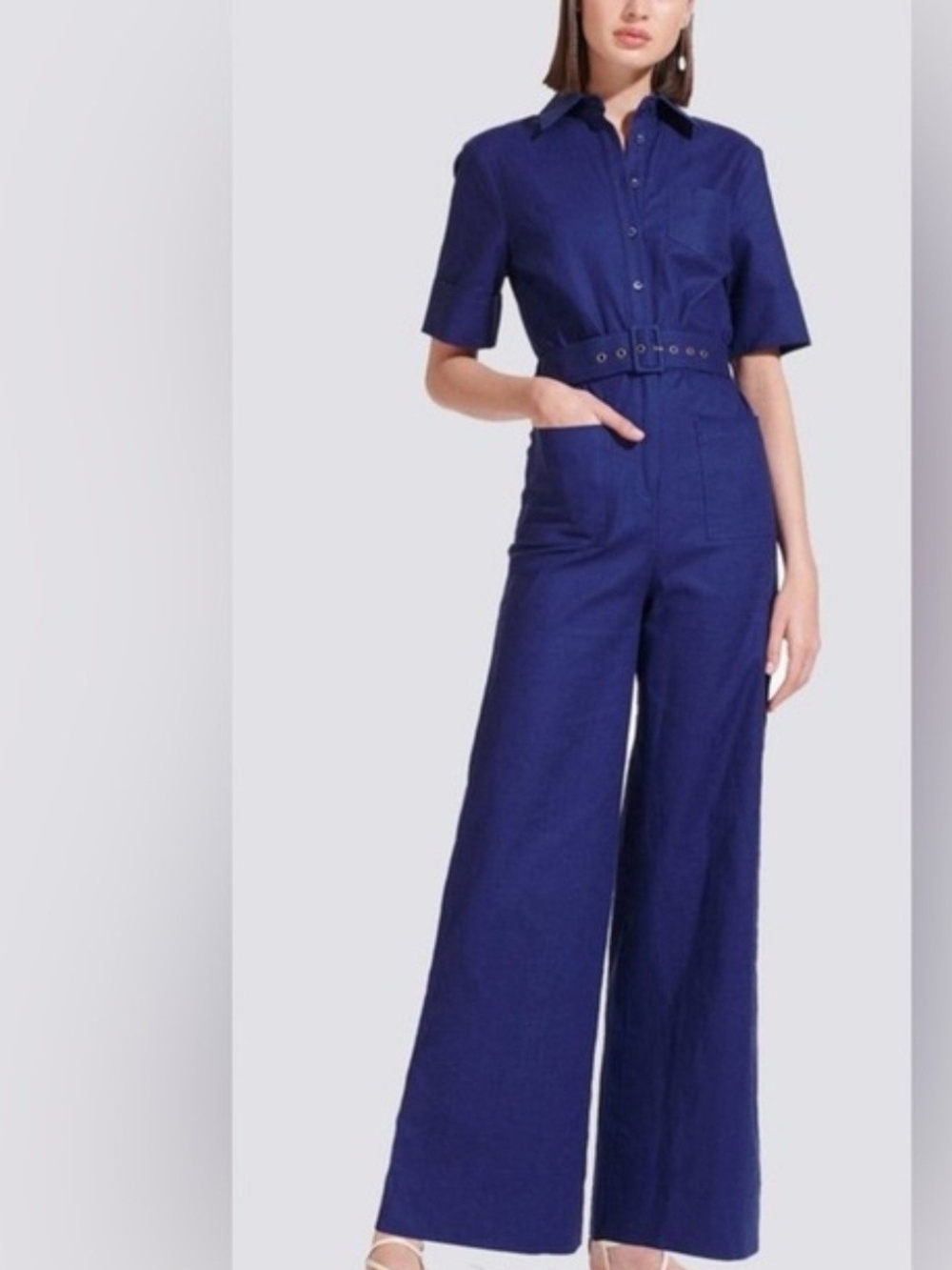 STAUD Deep Blue Linen Short-Sleeve Belted Wide-Leg Jumpsuit